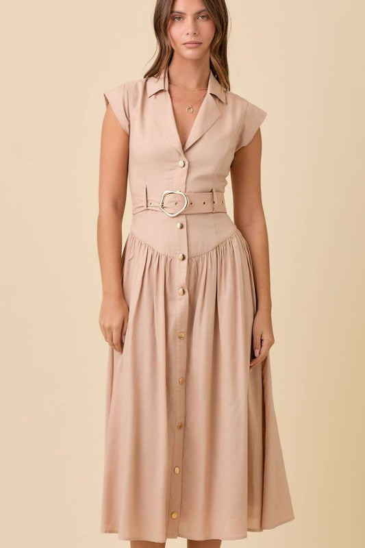 Taupe Button-Down Midi Dress