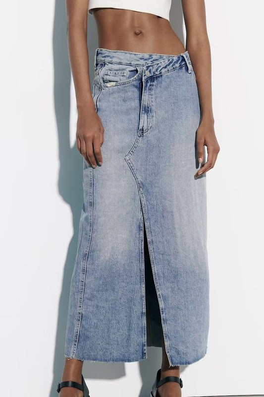 Asymmetric Denim Midi Skirt