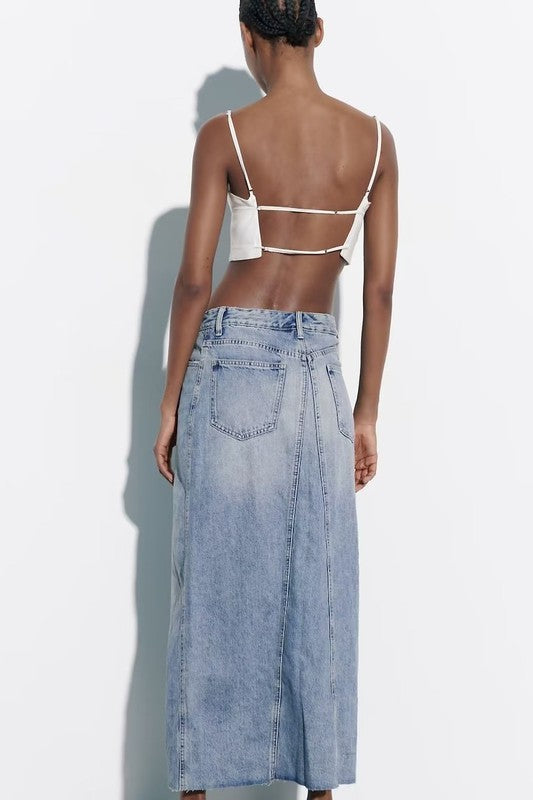 Asymmetric Denim Midi Skirt