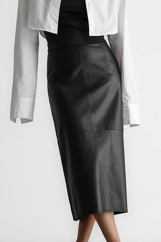 Faux Leather Midi Skirt (Black, Grey)