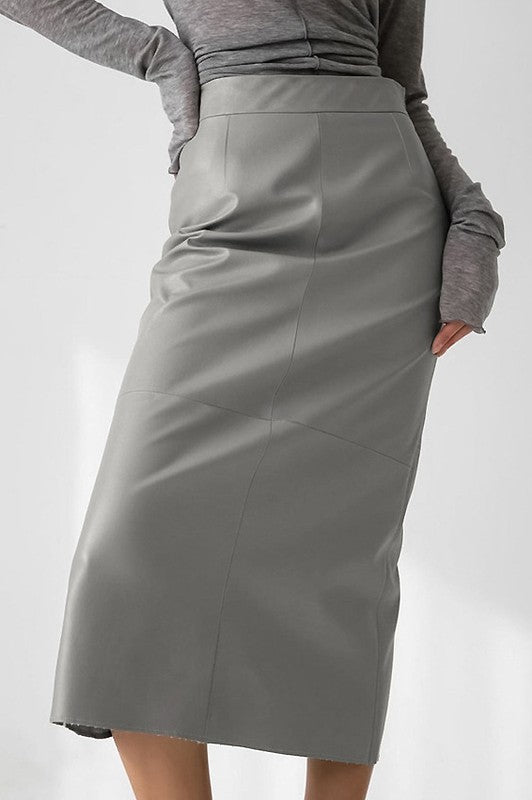 Faux Leather Midi Skirt (Black, Grey)
