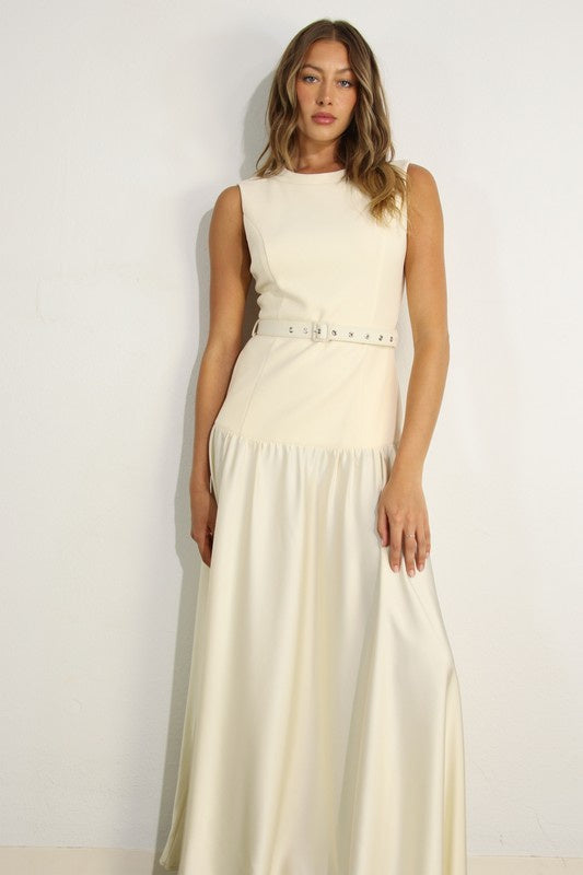 Mixed Fabric Belted Maxi Dress