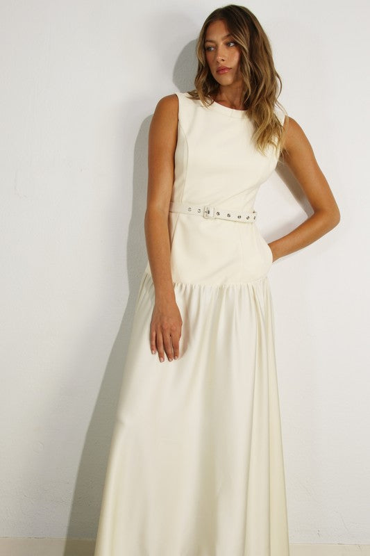 Mixed Fabric Belted Maxi Dress