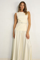 Mixed Fabric Belted Maxi Dress