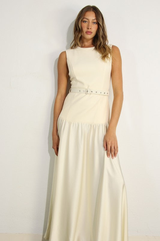 Mixed Fabric Belted Maxi Dress