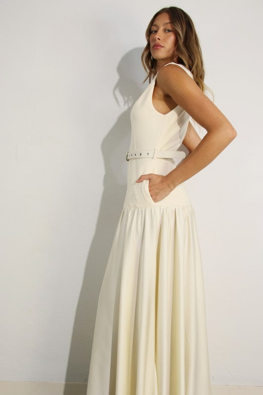 Mixed Fabric Belted Maxi Dress