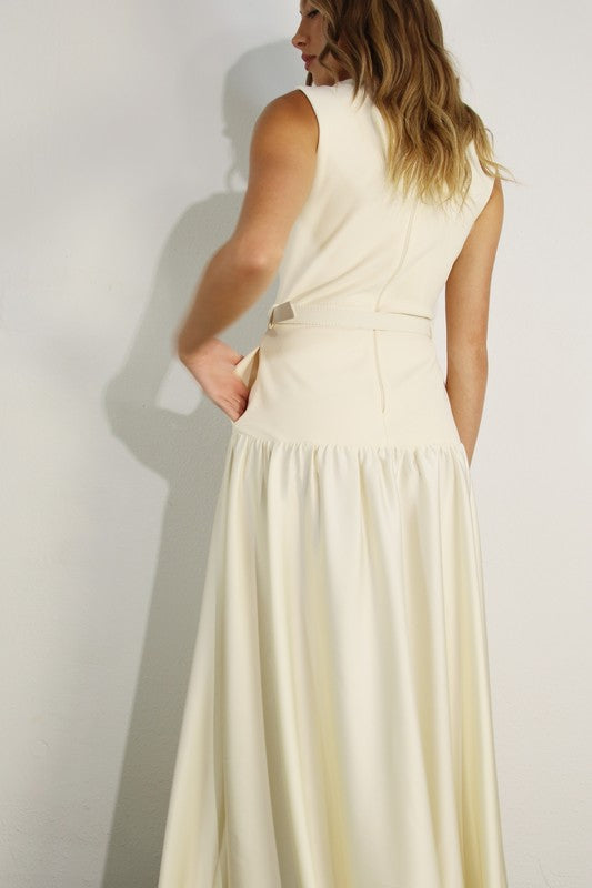 Mixed Fabric Belted Maxi Dress