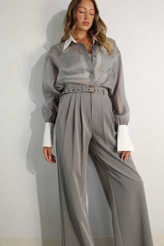 Long Contrast Cuff Sheer Top And Pants Set