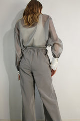 Long Contrast Cuff Sheer Top And Pants Set