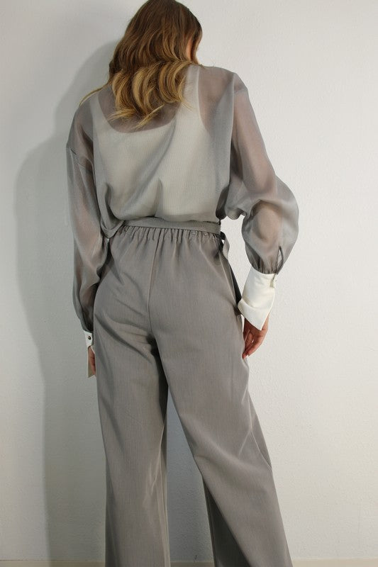 Long Contrast Cuff Sheer Top And Pants Set