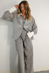 Long Contrast Cuff Sheer Top And Pants Set