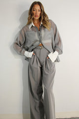 Long Contrast Cuff Sheer Top And Pants Set