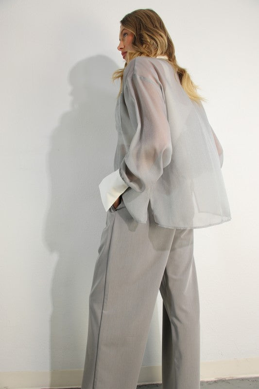 Long Contrast Cuff Sheer Top And Pants Set