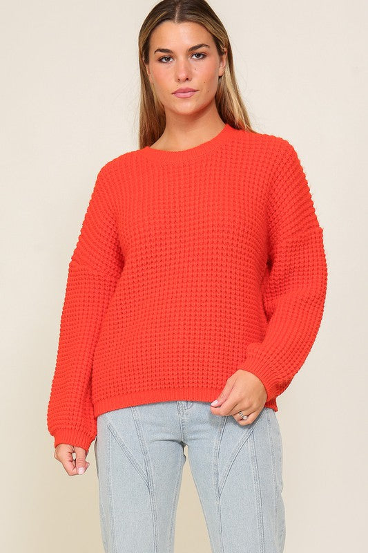 Waffle Stitch Round Neck Sweater