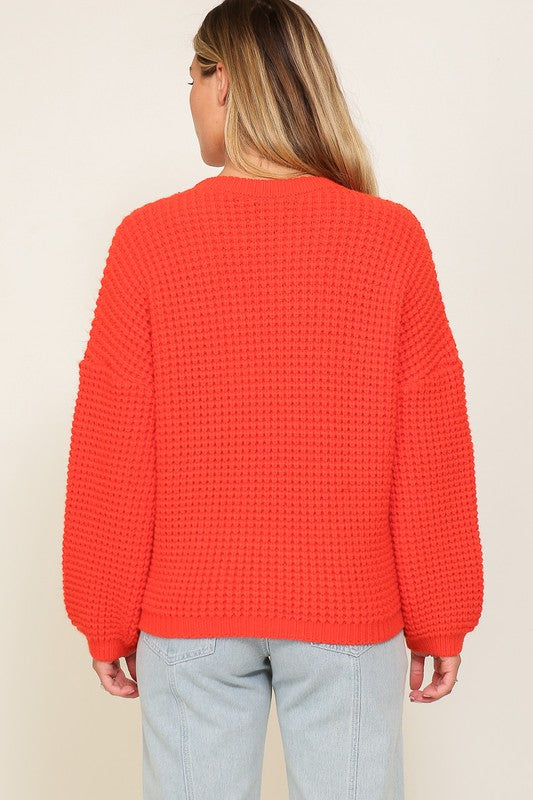 Waffle Stitch Round Neck Sweater