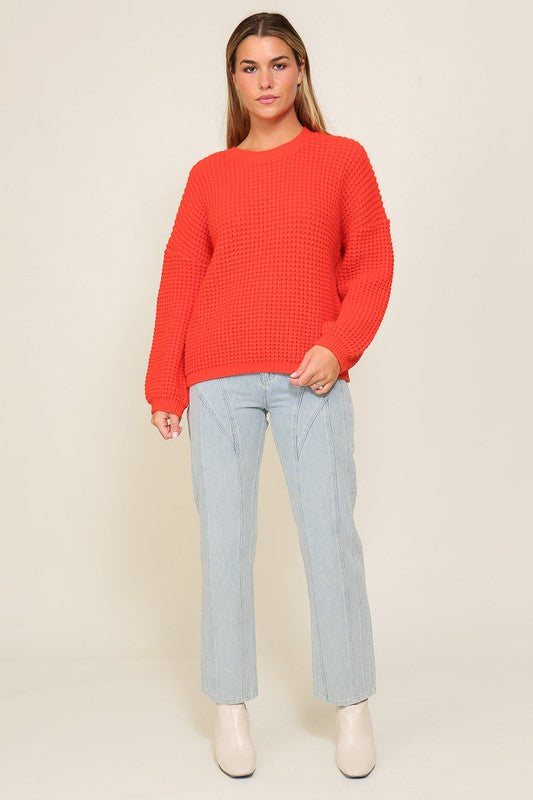Waffle Stitch Round Neck Sweater