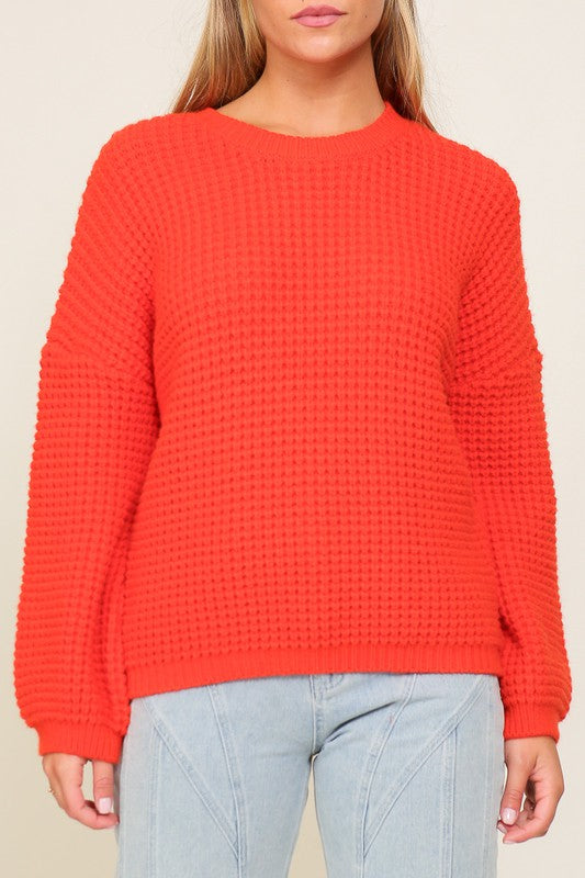 Waffle Stitch Round Neck Sweater