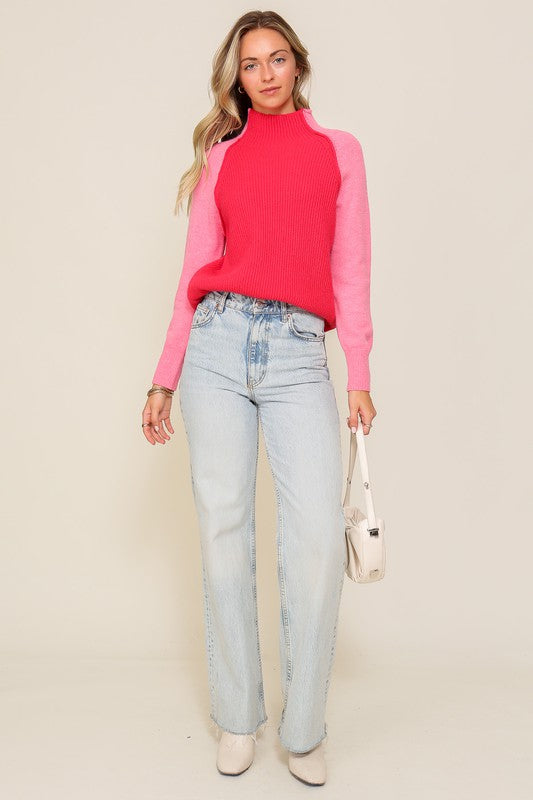 Two Tone Raglan Mock Sweater