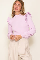 Ribbed Knit Ruffle Shoulder Sweater (Ivory, Lavender)