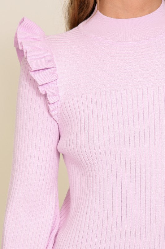 Ribbed Knit Ruffle Shoulder Sweater (Ivory, Lavender)
