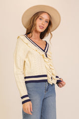 Ruffle-Trim Cable Knit Cardigan