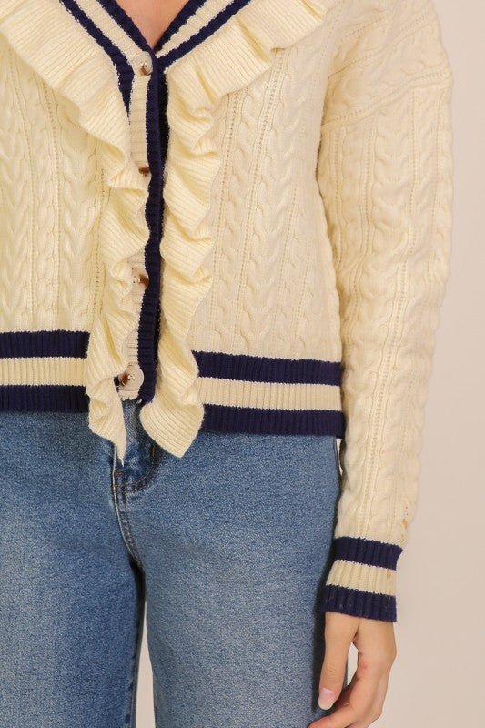 Ruffle-Trim Cable Knit Cardigan