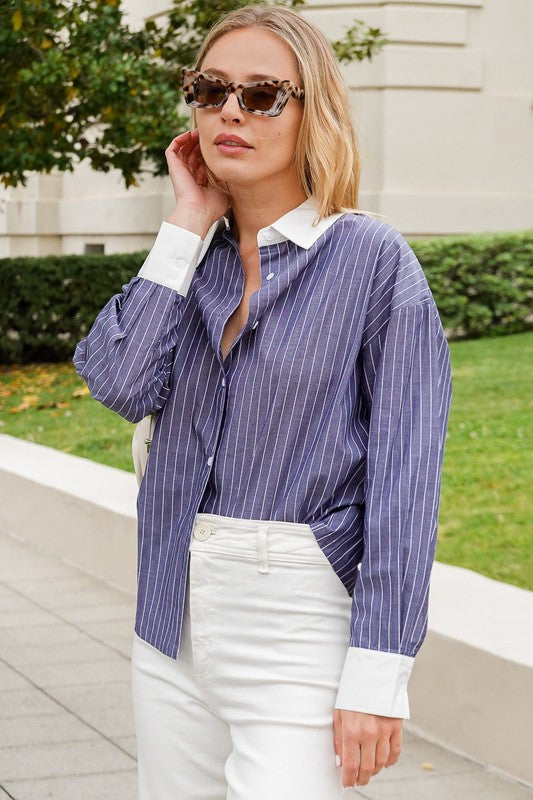 Contrast Collar & Cuff Striped Shirt (Charcoal, Blue)