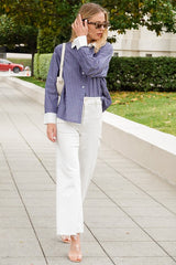 Contrast Collar & Cuff Striped Shirt (Charcoal, Blue)