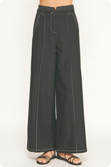 Contrast Top-Stitch Wide-Leg Trousers (2 Color Ways)