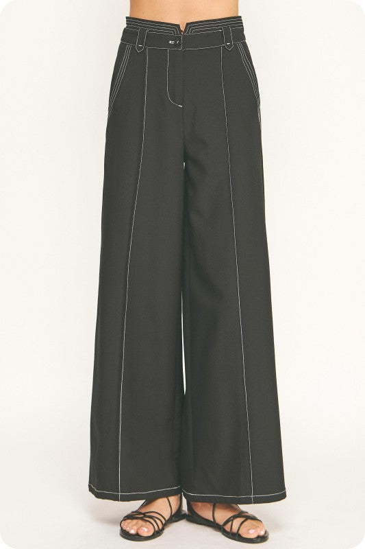 Contrast Top-Stitch Wide-Leg Trousers (2 Color Ways)
