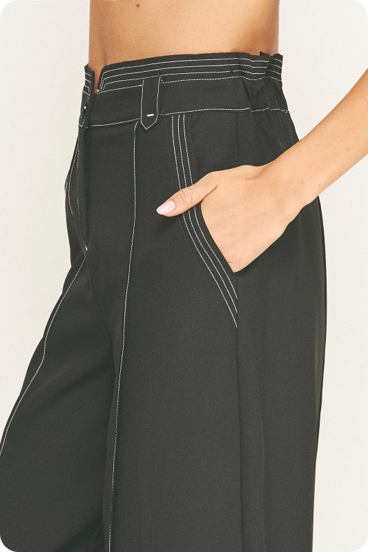 Contrast Top-Stitch Wide-Leg Trousers (2 Color Ways)