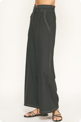 Contrast Top-Stitch Wide-Leg Trousers (2 Color Ways)