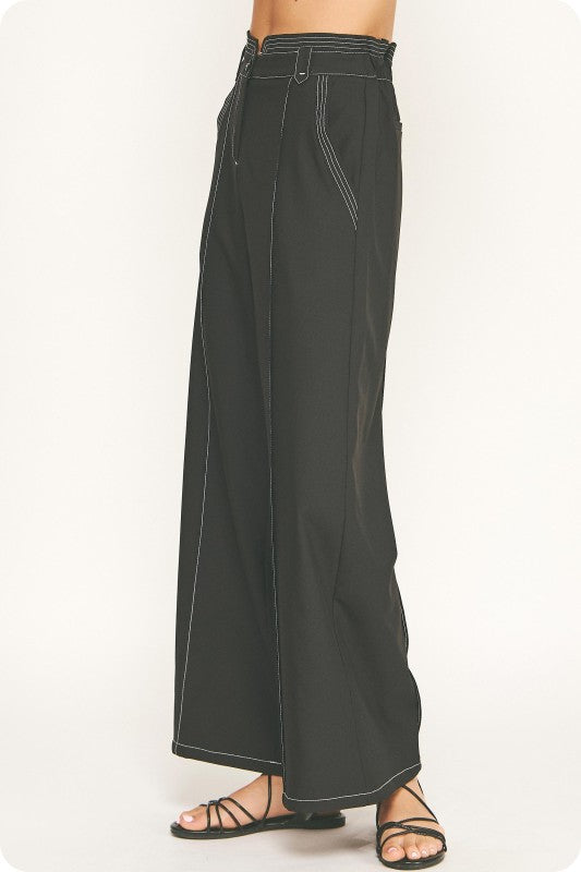 Contrast Top-Stitch Wide-Leg Trousers (2 Color Ways)