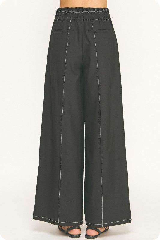 Contrast Top-Stitch Wide-Leg Trousers (2 Color Ways)