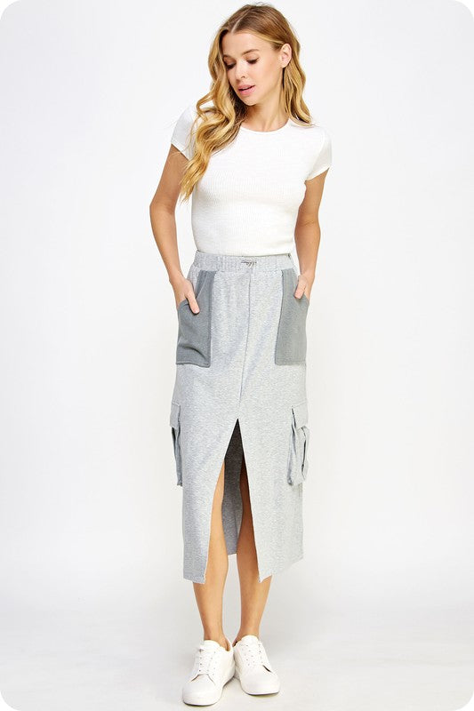 Drawstring Knit Cargo Midi Skirt (Heather Grey, Tan)