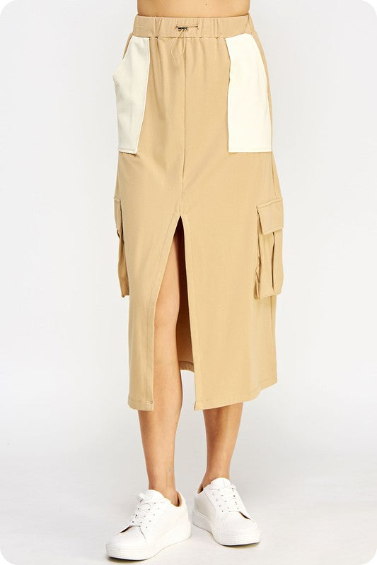 Drawstring Knit Cargo Midi Skirt (Heather Grey, Tan)