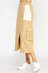 Drawstring Knit Cargo Midi Skirt (Heather Grey, Tan)