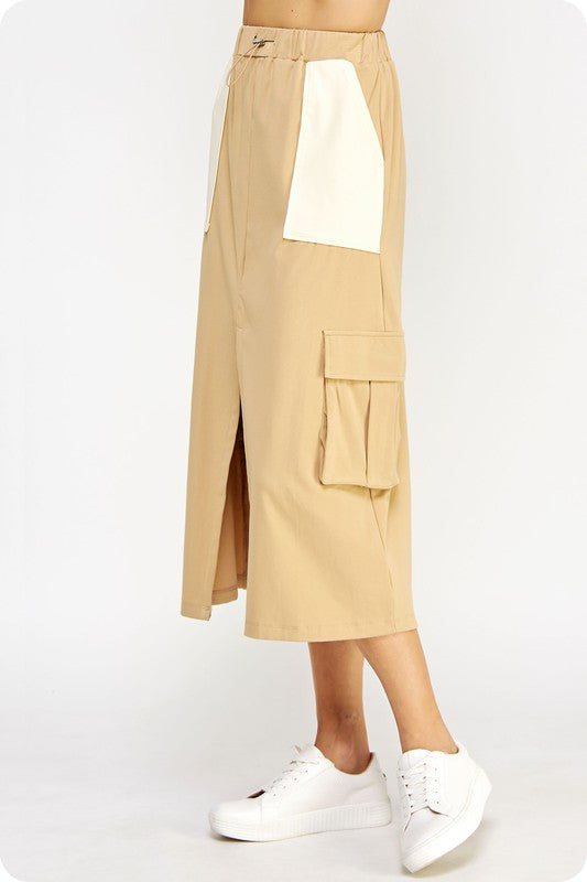 Drawstring Knit Cargo Midi Skirt (Heather Grey, Tan)