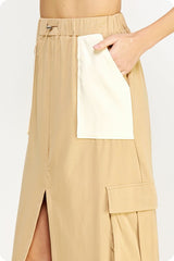 Drawstring Knit Cargo Midi Skirt (Heather Grey, Tan)