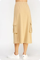 Drawstring Knit Cargo Midi Skirt (Heather Grey, Tan)