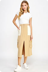 Drawstring Knit Cargo Midi Skirt (Heather Grey, Tan)