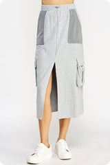 Drawstring Knit Cargo Midi Skirt (Heather Grey, Tan)