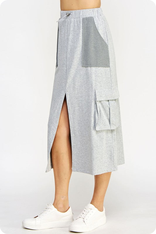 Drawstring Knit Cargo Midi Skirt (Heather Grey, Tan)