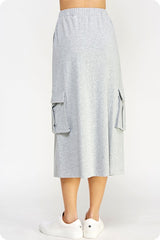 Drawstring Knit Cargo Midi Skirt (Heather Grey, Tan)