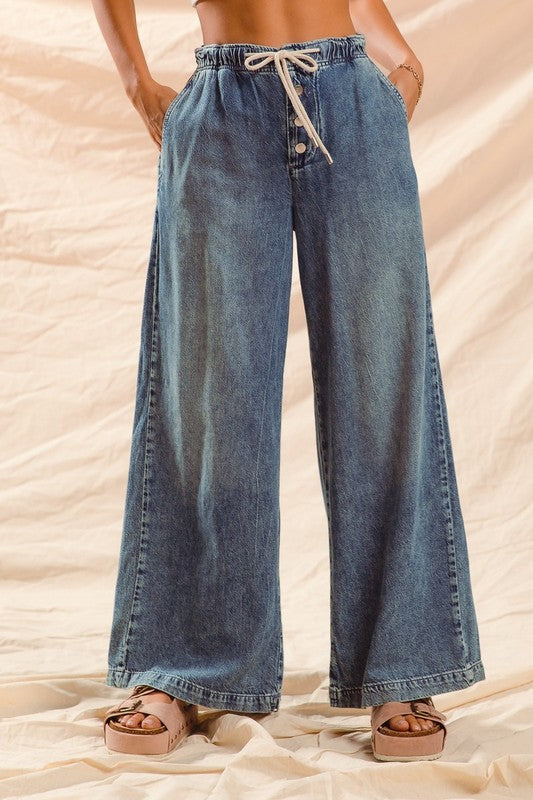 Wide Leg Drawstring Denim Pants