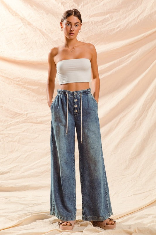 Wide Leg Drawstring Denim Pants