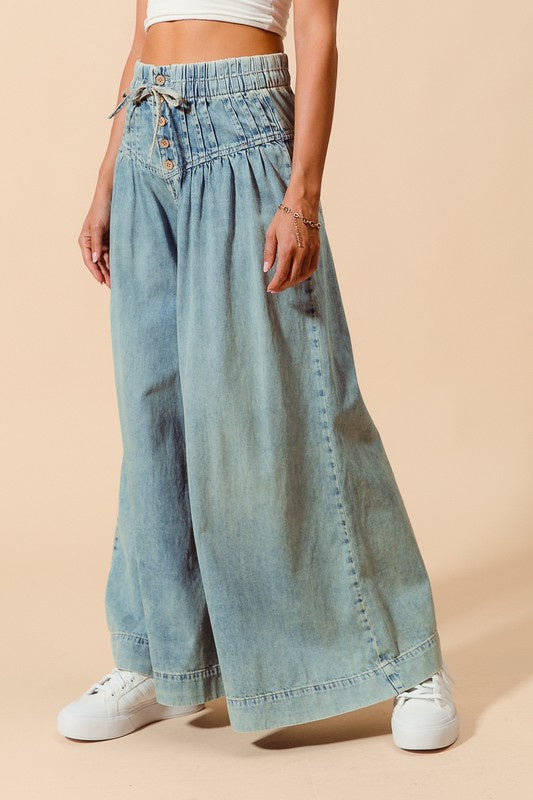 Wide Leg High Waist Denim Pants (Denim & Dark Denim)