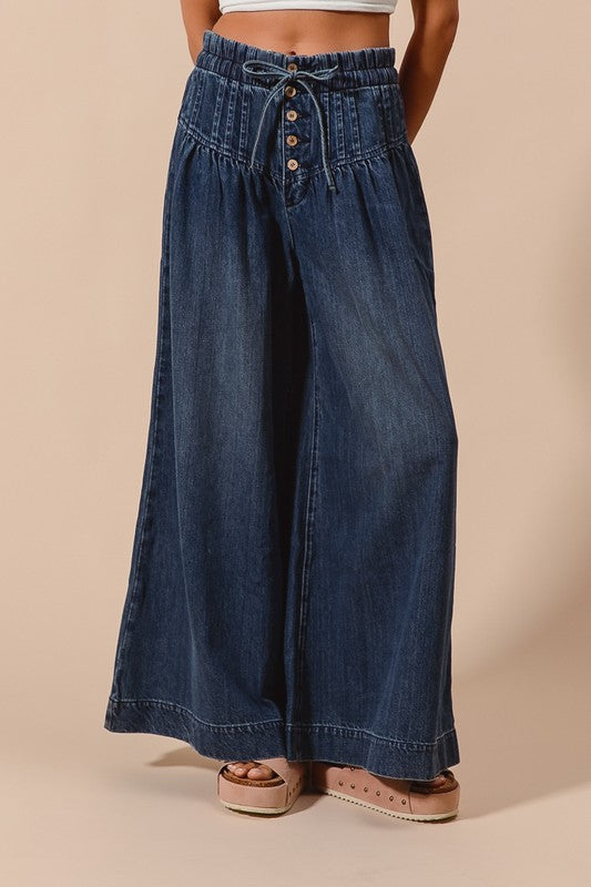 Wide Leg High Waist Denim Pants (Denim & Dark Denim)