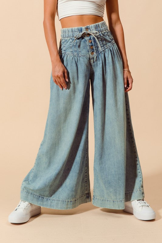 Wide Leg High Waist Denim Pants (Denim & Dark Denim)