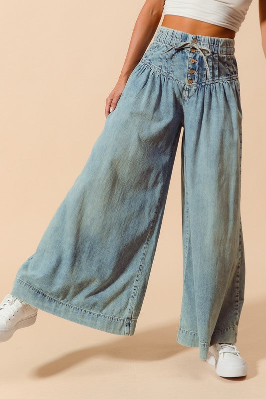 Wide Leg High Waist Denim Pants (Denim & Dark Denim)